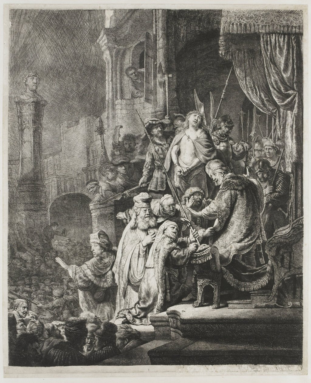 Kristus Pilatuksen edessä: suuri lautanen tekijältä Rembrandt van Rijn