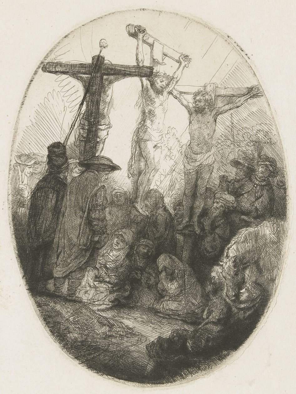 Kristus ristiinnaulittiin kahden varkaan väliin: soikea lautanen tekijältä Rembrandt van Rijn