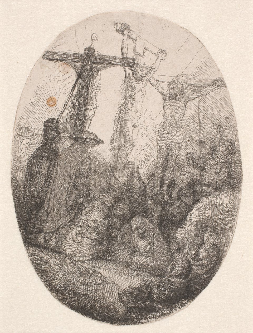 Ristiinnaulittu Kristus kahden varkaan välissä: soikea lautanen tekijältä Rembrandt van Rijn