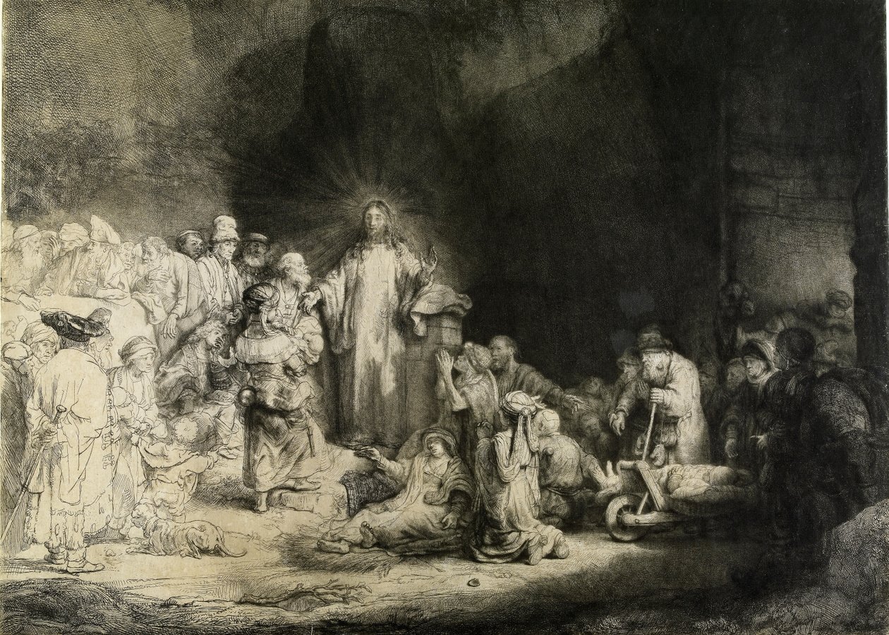 Kristus parantaa sairaita: "Sadan guldenin printti", s. 1649 tekijältä Rembrandt van Rijn