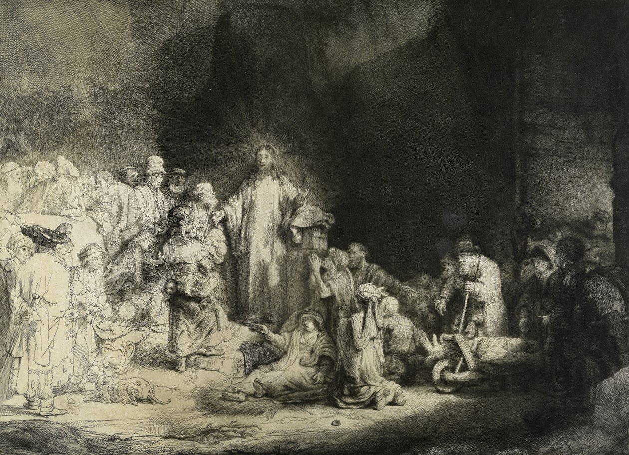 Kristus parantaa sairaita: "Sadan guldenin kirja", n. 1649 (etsaus, kuivakärki ja kaiverrus) tekijältä Rembrandt van Rijn