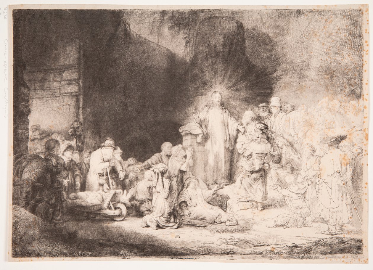 Kristus sairaiden ympäröimänä, ottaen vastaan pieniä lapsia (”Sadan guldenin painatus”) tekijältä Rembrandt van Rijn