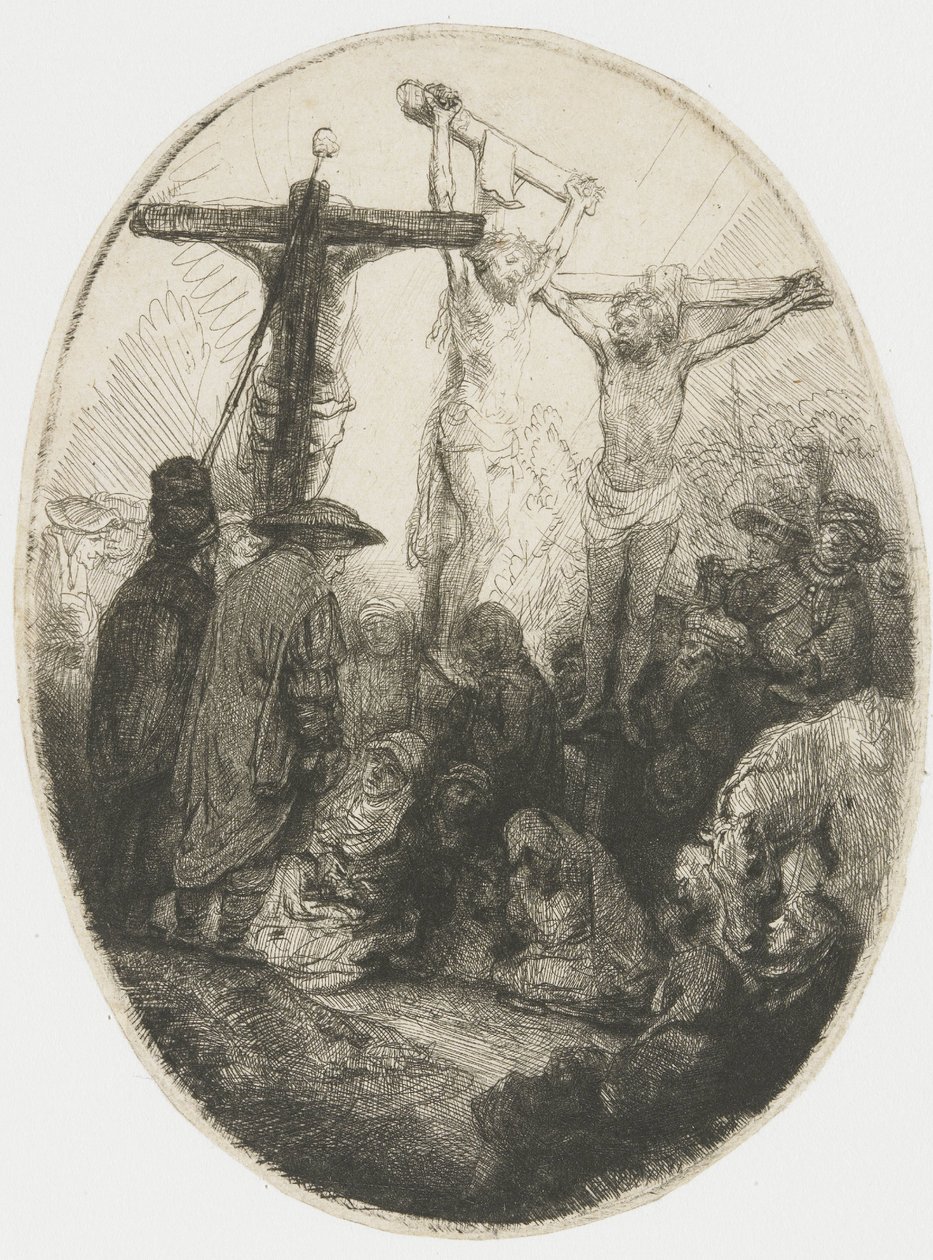 Ristiinnaulittu Kristus kahden murhaajan välissä tekijältä Rembrandt van Rijn