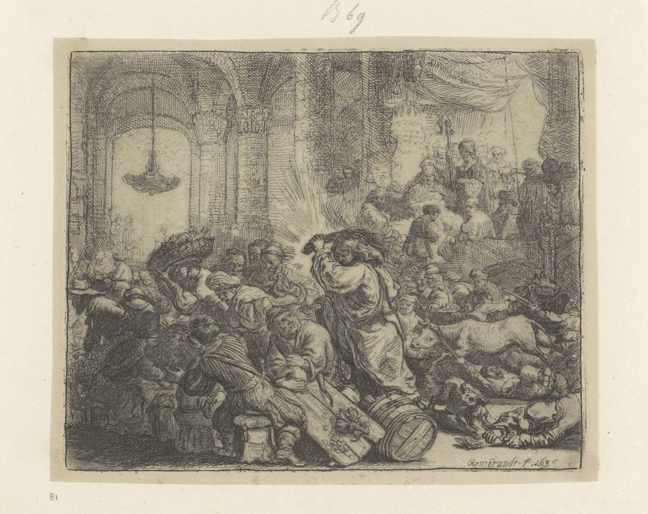 Kristus ajaa rahanvaihtajat ulos temppelistä Recueil de quatre-vingt-cinq estampes originales (sarjan nimi) tekijältä Rembrandt van Rijn