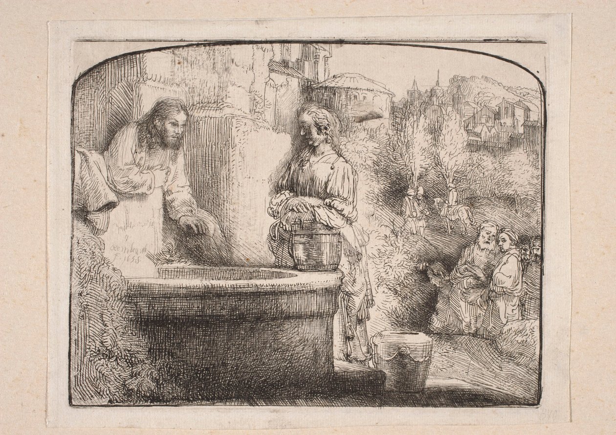 Kristus ja samarialainen nainen (Yläosasta kaarella suljettu sommitelma) tekijältä Rembrandt van Rijn