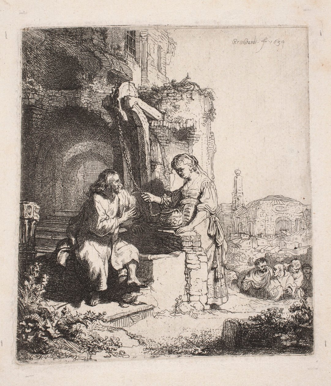 Kristus ja samarialainen raunioiden keskellä (pystysuora piirros) tekijältä Rembrandt van Rijn