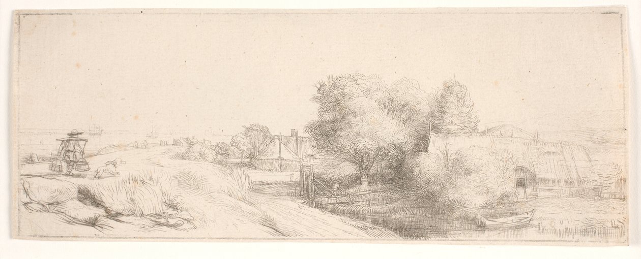 ”Maisema maitomiehen kanssa” -teoksen koepainos tekijältä Rembrandt van Rijn