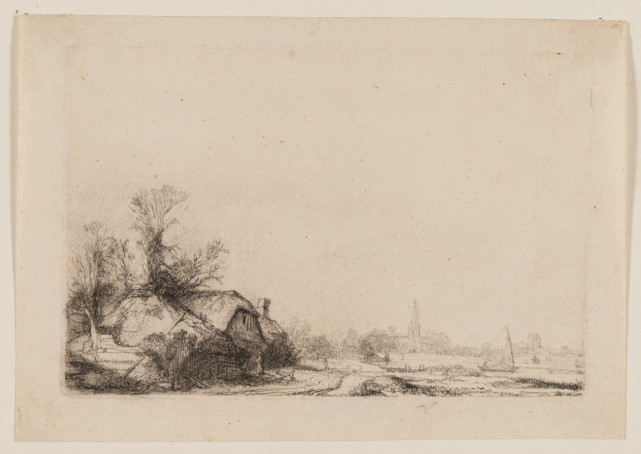 Mökki kanavan vieressä näköalalla Ouderkerkiin tekijältä Rembrandt van Rijn