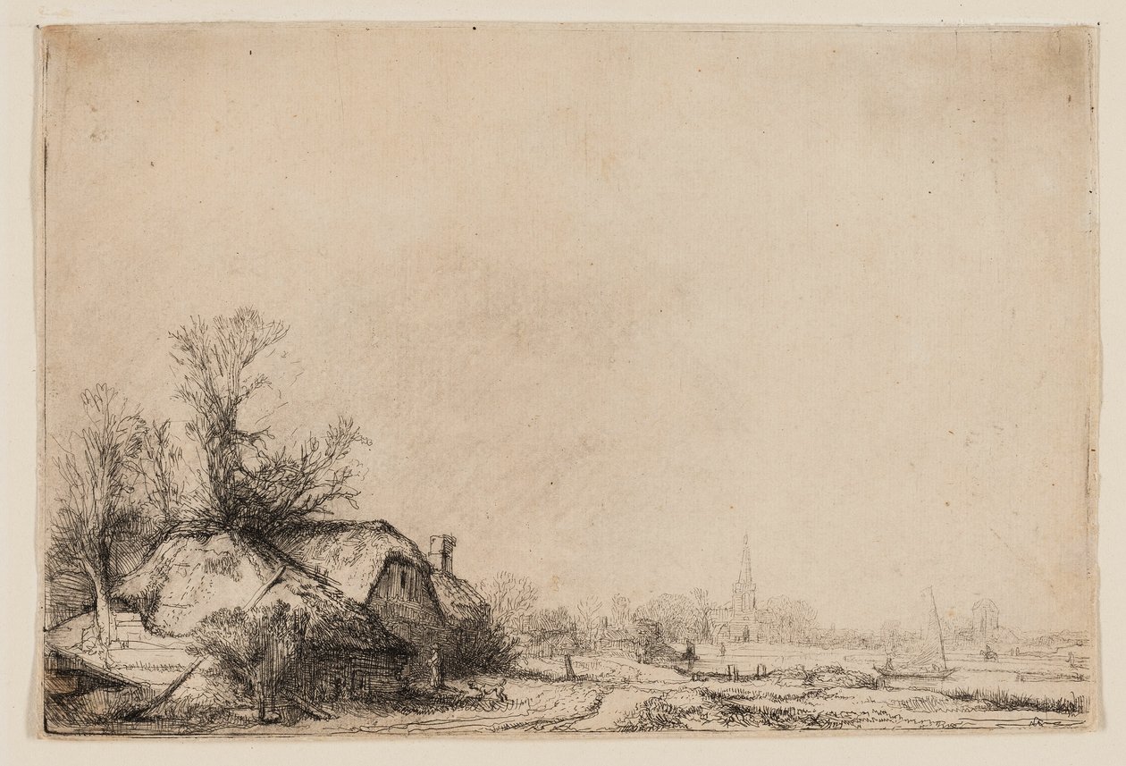 Mökki kanavan vieressä näköalalla Ouderkerkiin tekijältä Rembrandt van Rijn