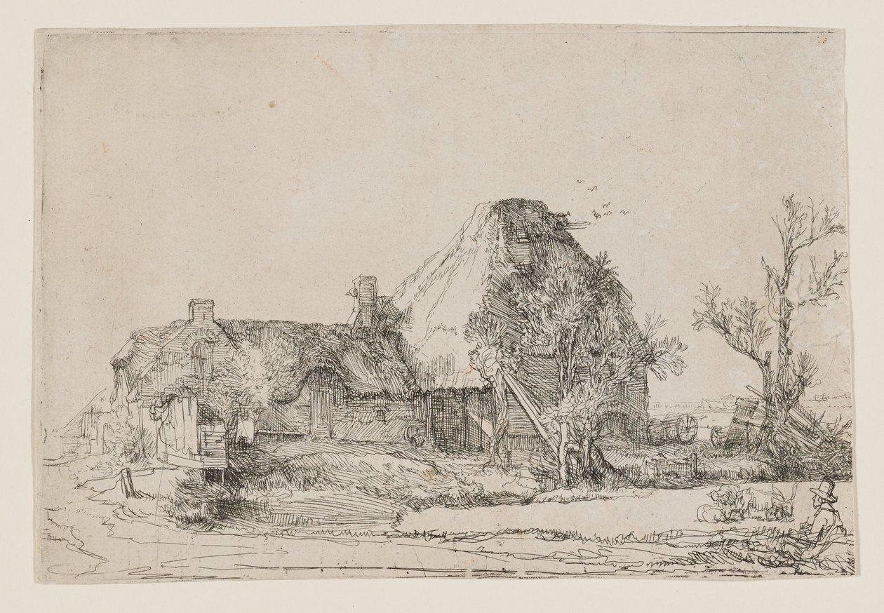 Mökki ja maatilarakennukset, joiden edessä mies piirtää tekijältä Rembrandt van Rijn