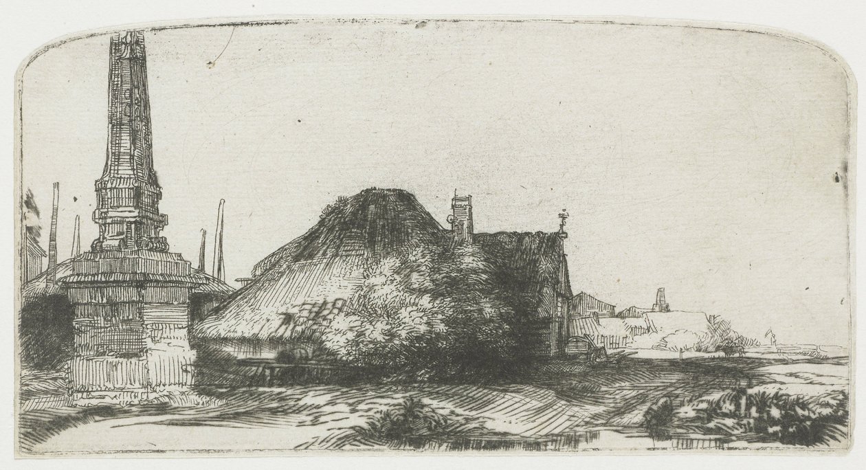 Mökki ja rajapylväs Spaarndammerdijkillä (”L’Obelisque”) tekijältä Rembrandt van Rijn