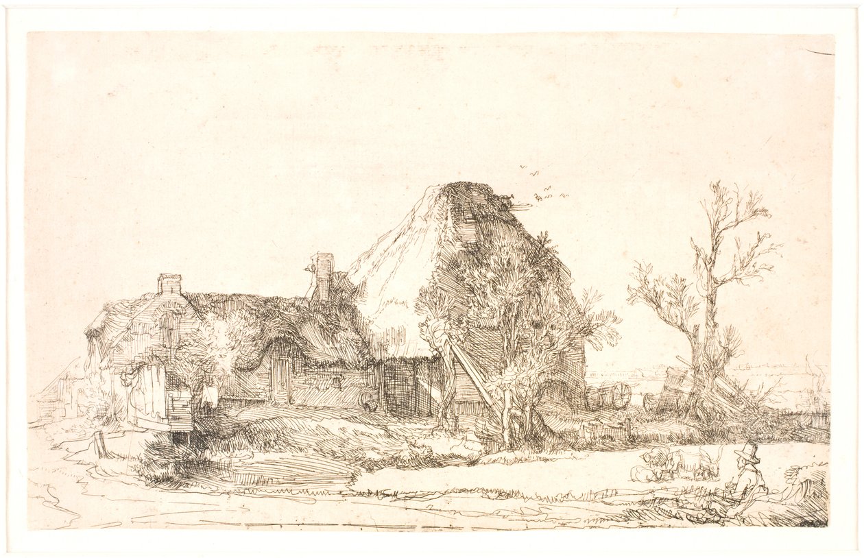 Mökki- ja maatilarakennukset, jossa mies luonnostelee tekijältä Rembrandt van Rijn