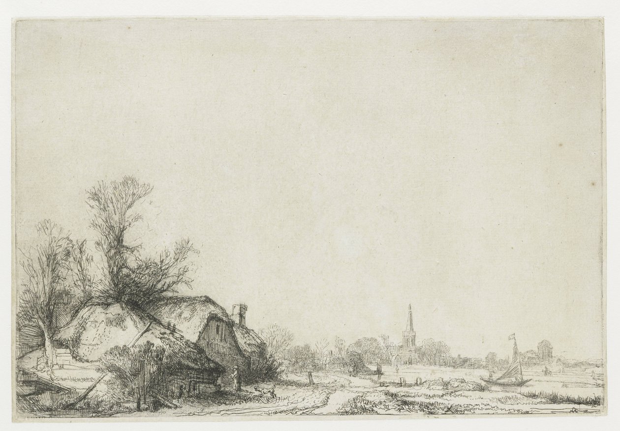 Mökki kanavan vieressä näköalalla Ouderkerkiin tekijältä Rembrandt van Rijn