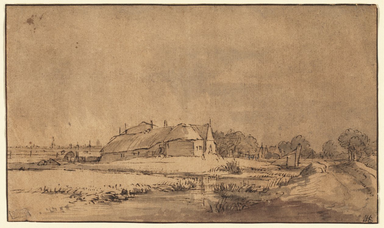 Mökit ja navetta tien varrella tekijältä Rembrandt van Rijn