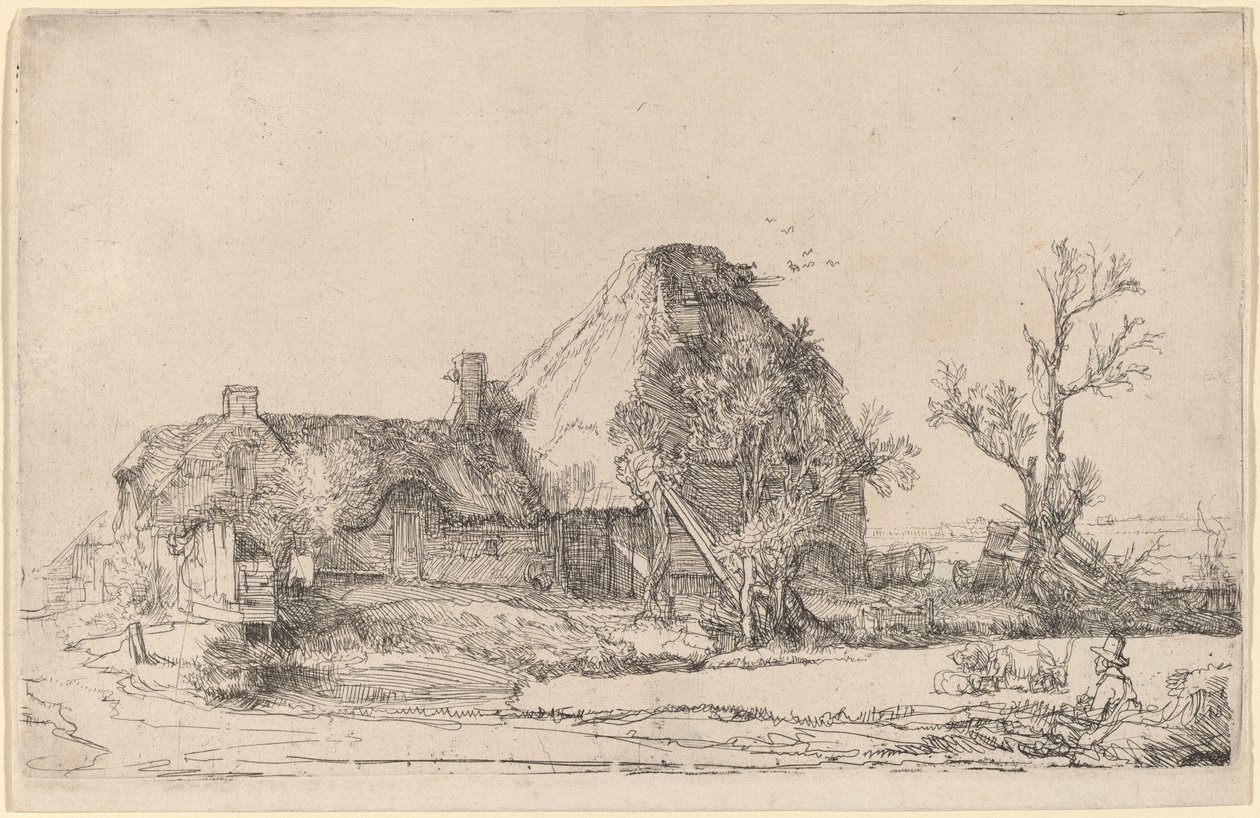 Mökit ja maatilarakennukset, joissa mies piirtää tekijältä Rembrandt van Rijn