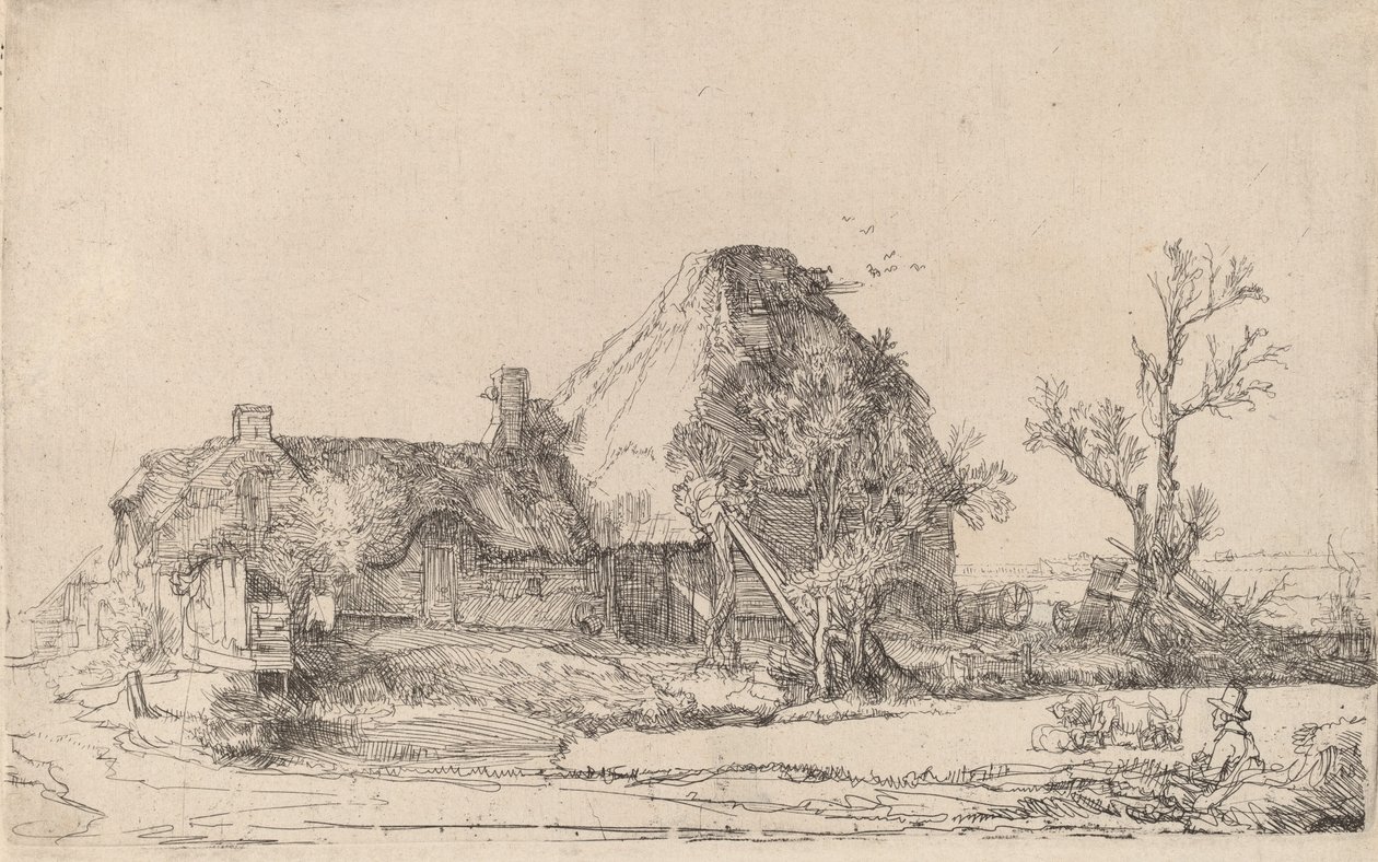 Mökit ja maatilarakennukset miehen luonnostelemalla, n. 1645. tekijältä Rembrandt van Rijn