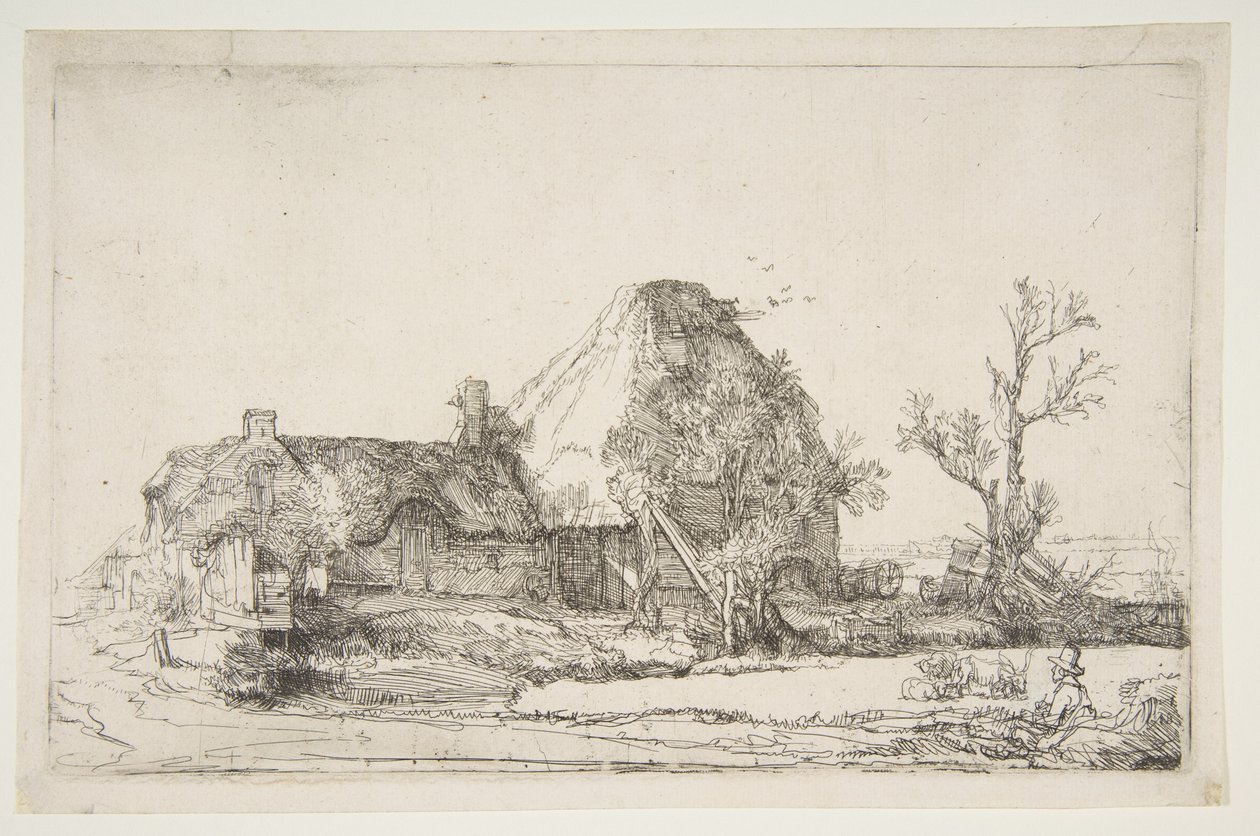 Mökit ja maatilarakennukset miehen luonnostelemalla, n. 1645. tekijältä Rembrandt van Rijn