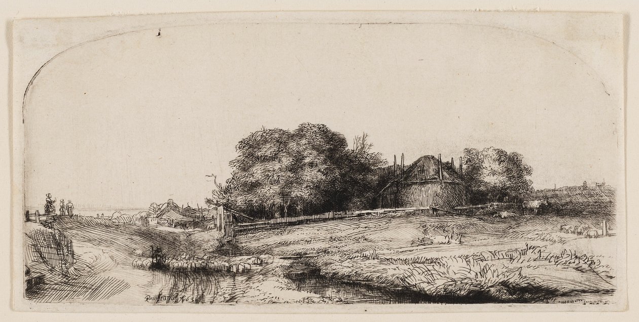 Mökkejä ja heinänavetta Diemerdijkissä lammaslauman kanssa tekijältä Rembrandt van Rijn