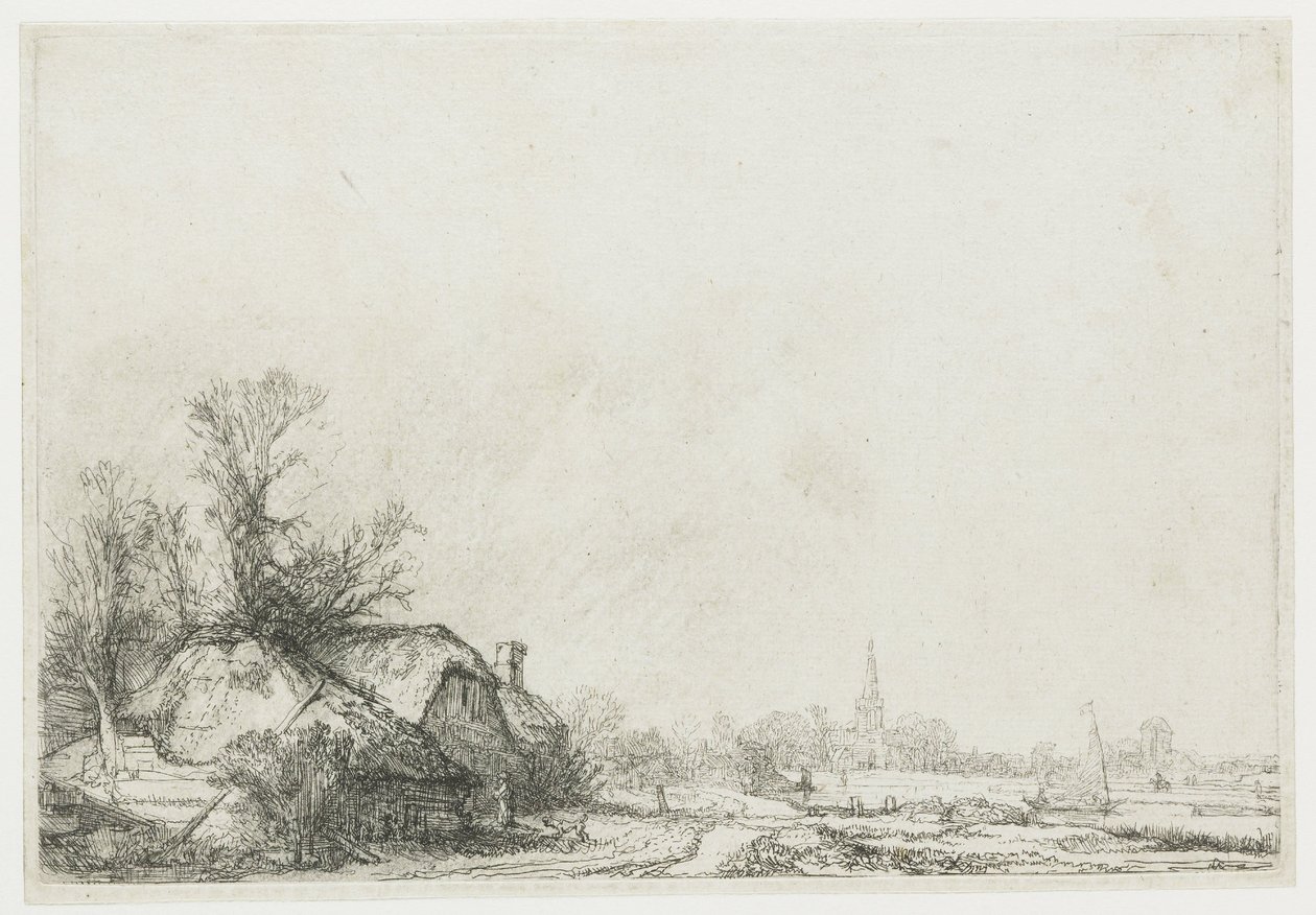 Kanavan varrella sijaitsevat mökit: Näkymä Ouderkerk aan de Amstelista tekijältä Rembrandt van Rijn