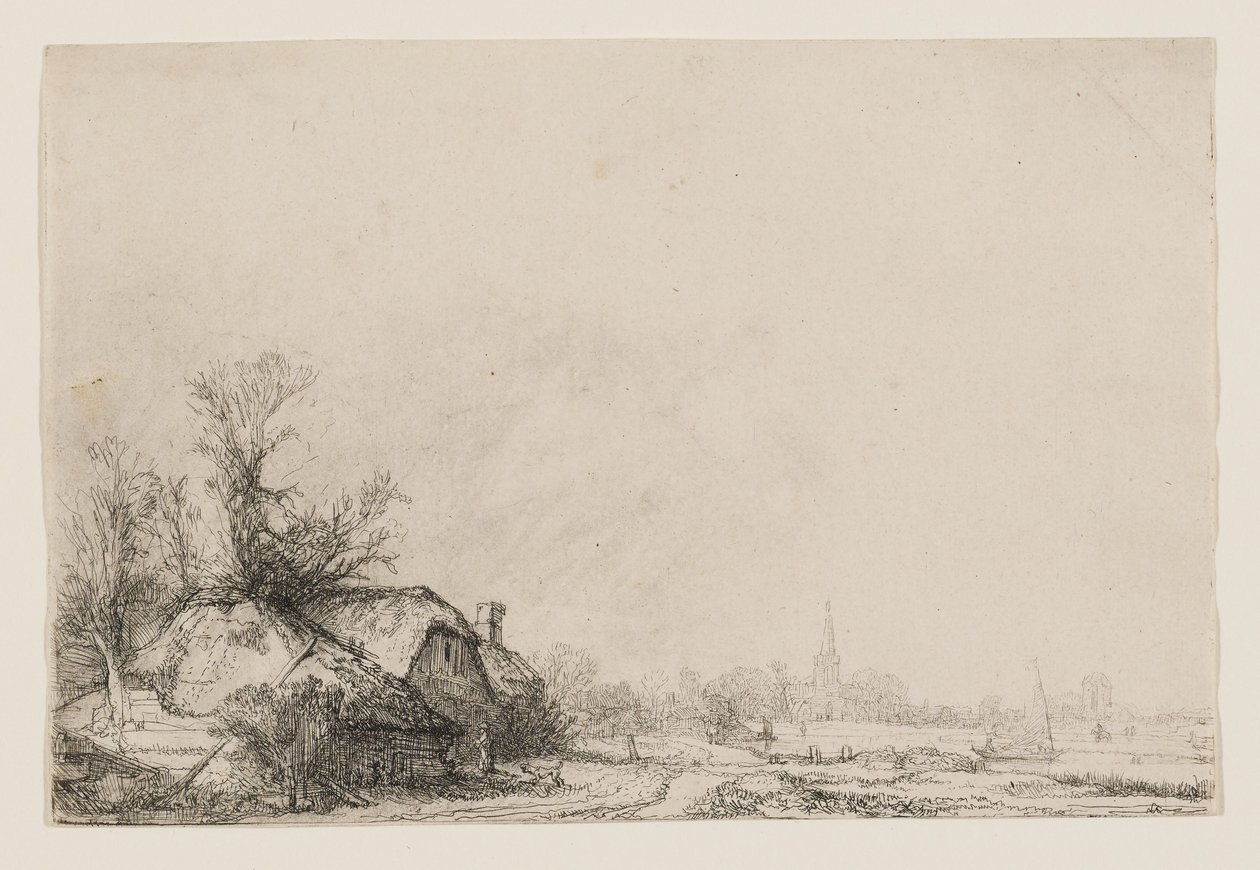 Kanavan varrella sijaitsevat mökit, joissa on kirkko ja purjevene tekijältä Rembrandt van Rijn
