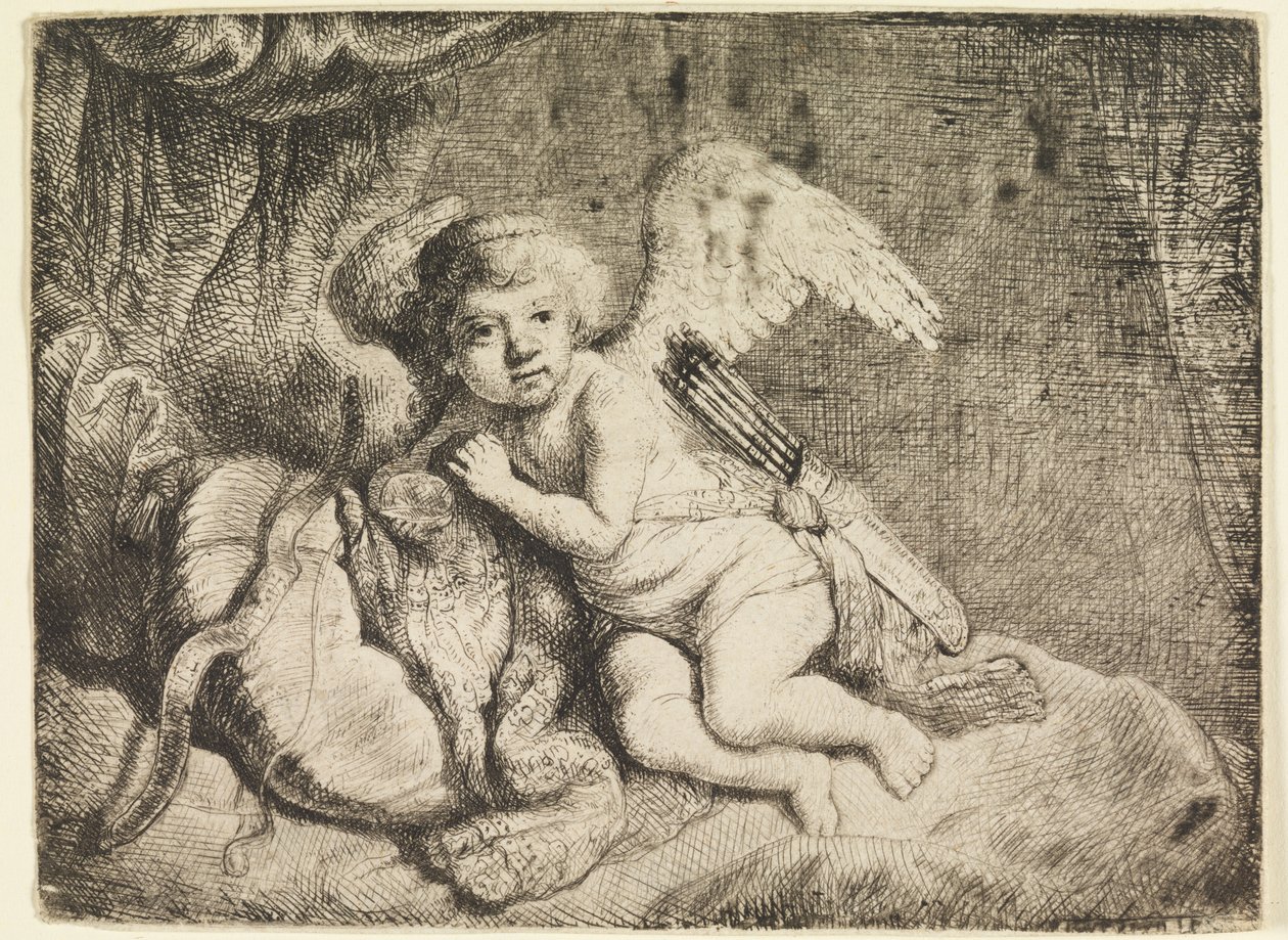 Amor lepää, aiemmin Rembrandtille kuuluvan maalauksen jälkeen tekijältä Rembrandt van Rijn