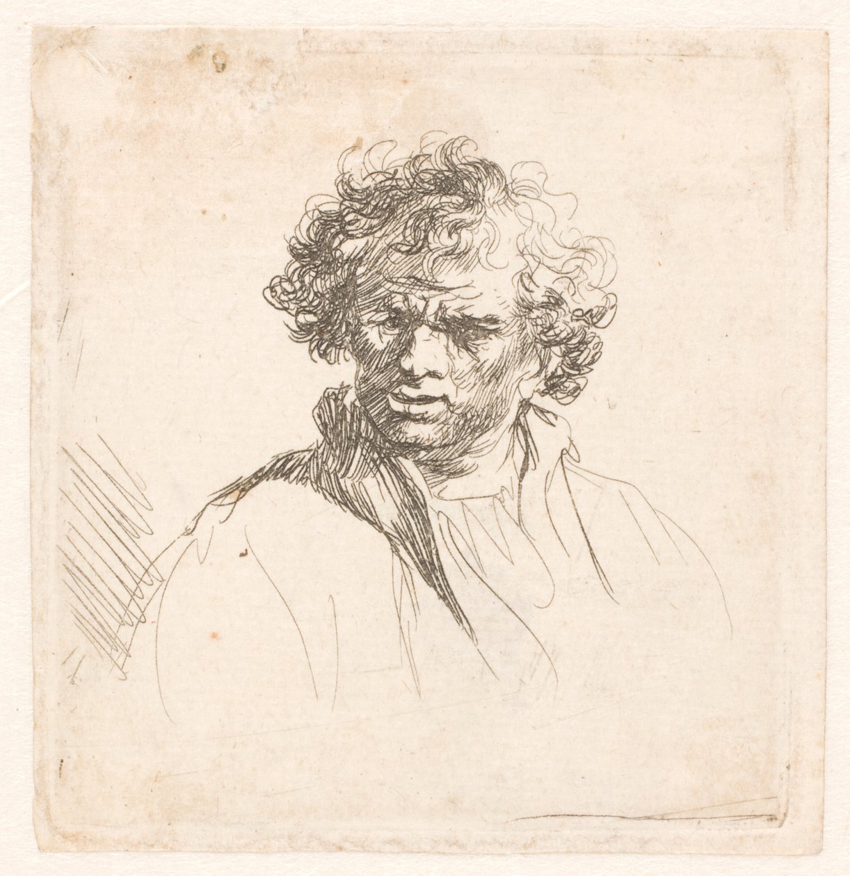 Kiharapäinen mies, jolla on kihara suu tekijältä Rembrandt van Rijn