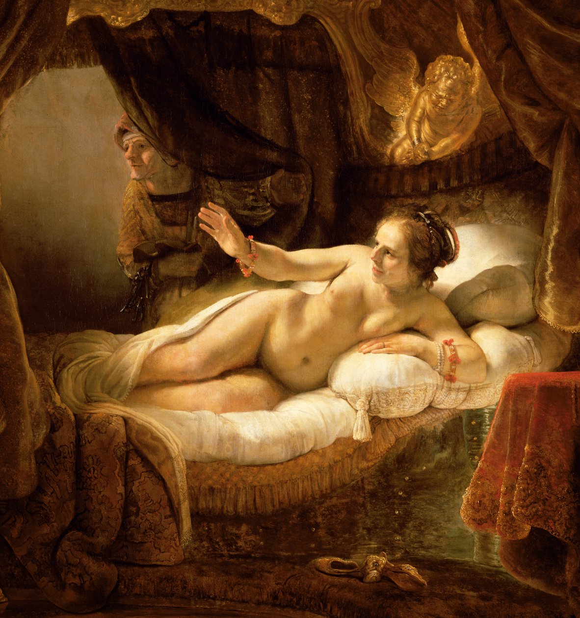 Danae, 1643 öljy kankaalle yksityiskohta numerosta 47569 tekijältä Rembrandt van Rijn