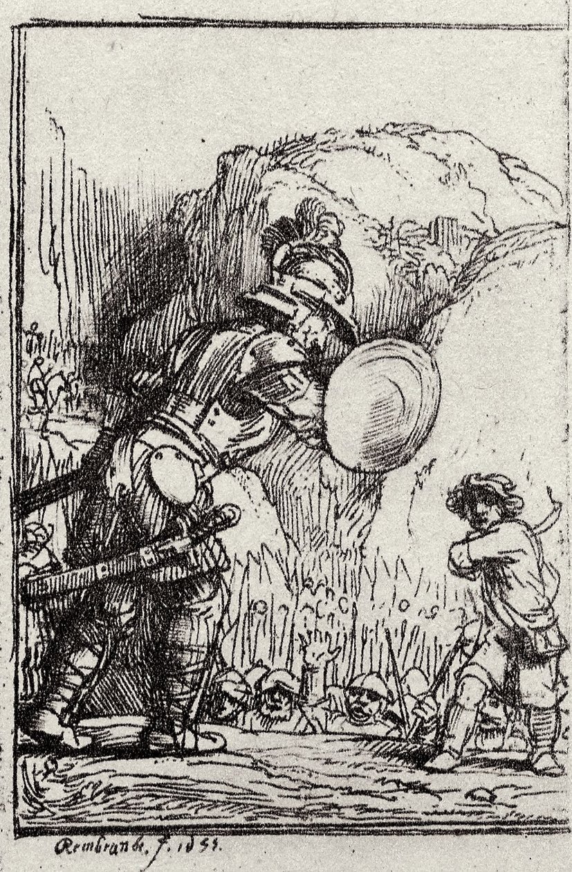 Daavid ja Goljat. Menasseh ben Israelin kuvitus Piedra gloriosalle tekijältä Rembrandt van Rijn