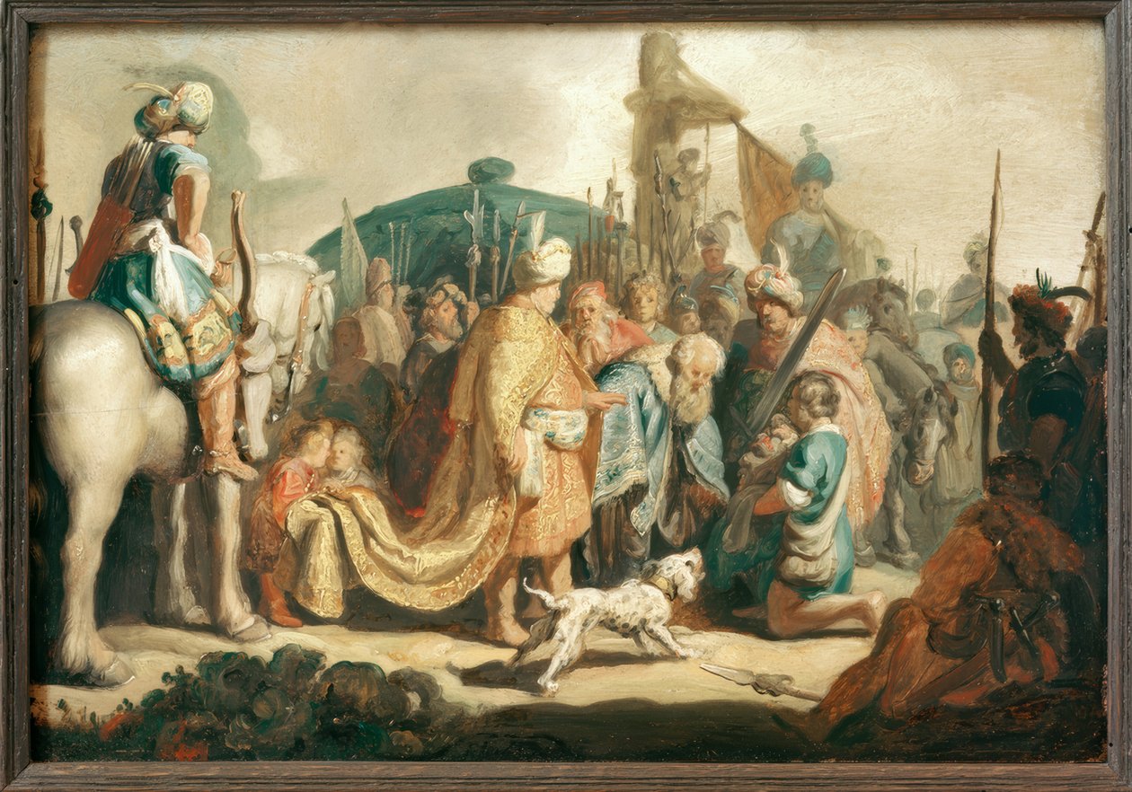 Daavid polvistuu Goljatin pään kanssa Saulin edessä. tekijältä Rembrandt van Rijn