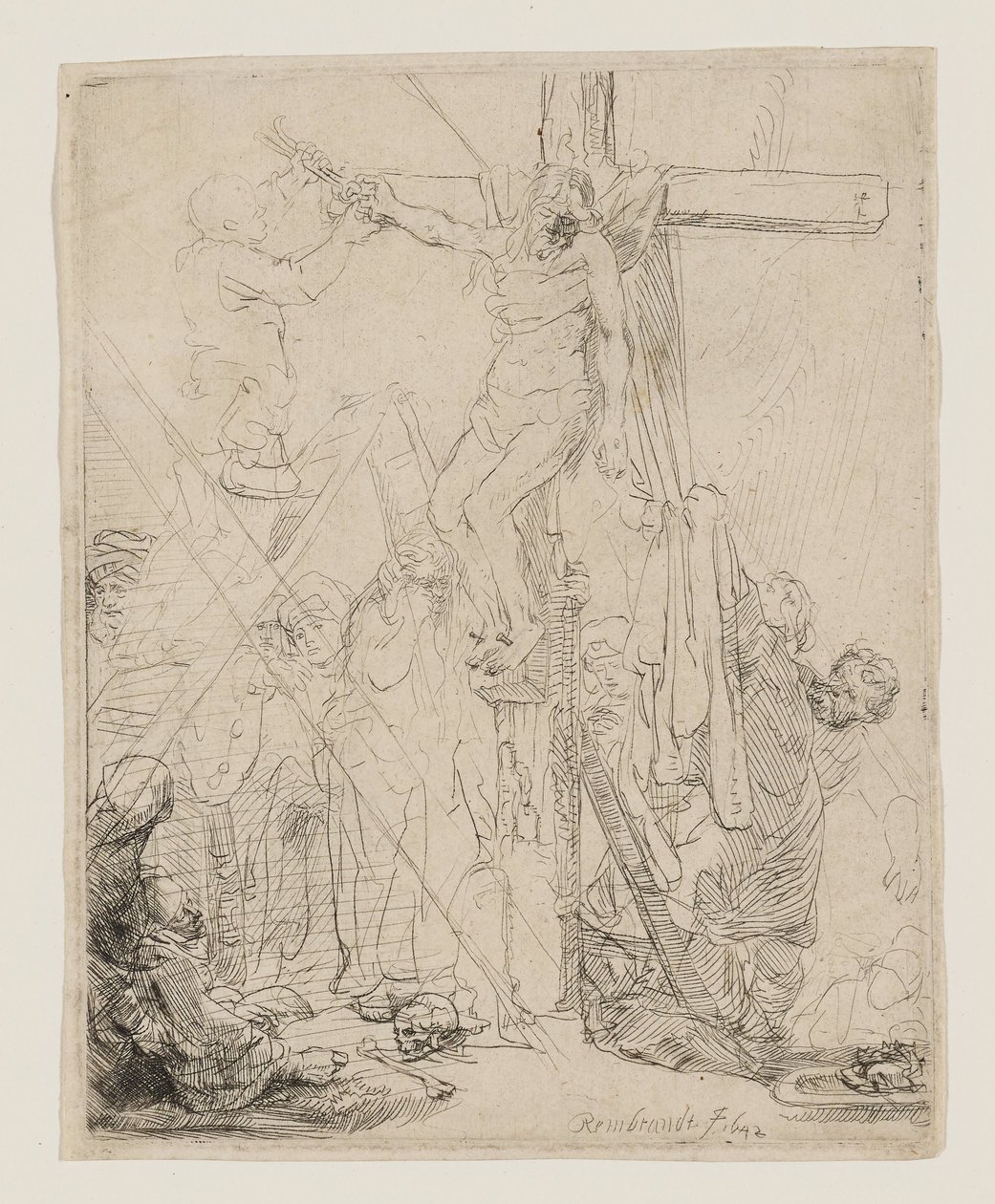 ”Ristiinnaulitun laskeminen ristiltä”, luonnos tekijältä Rembrandt van Rijn