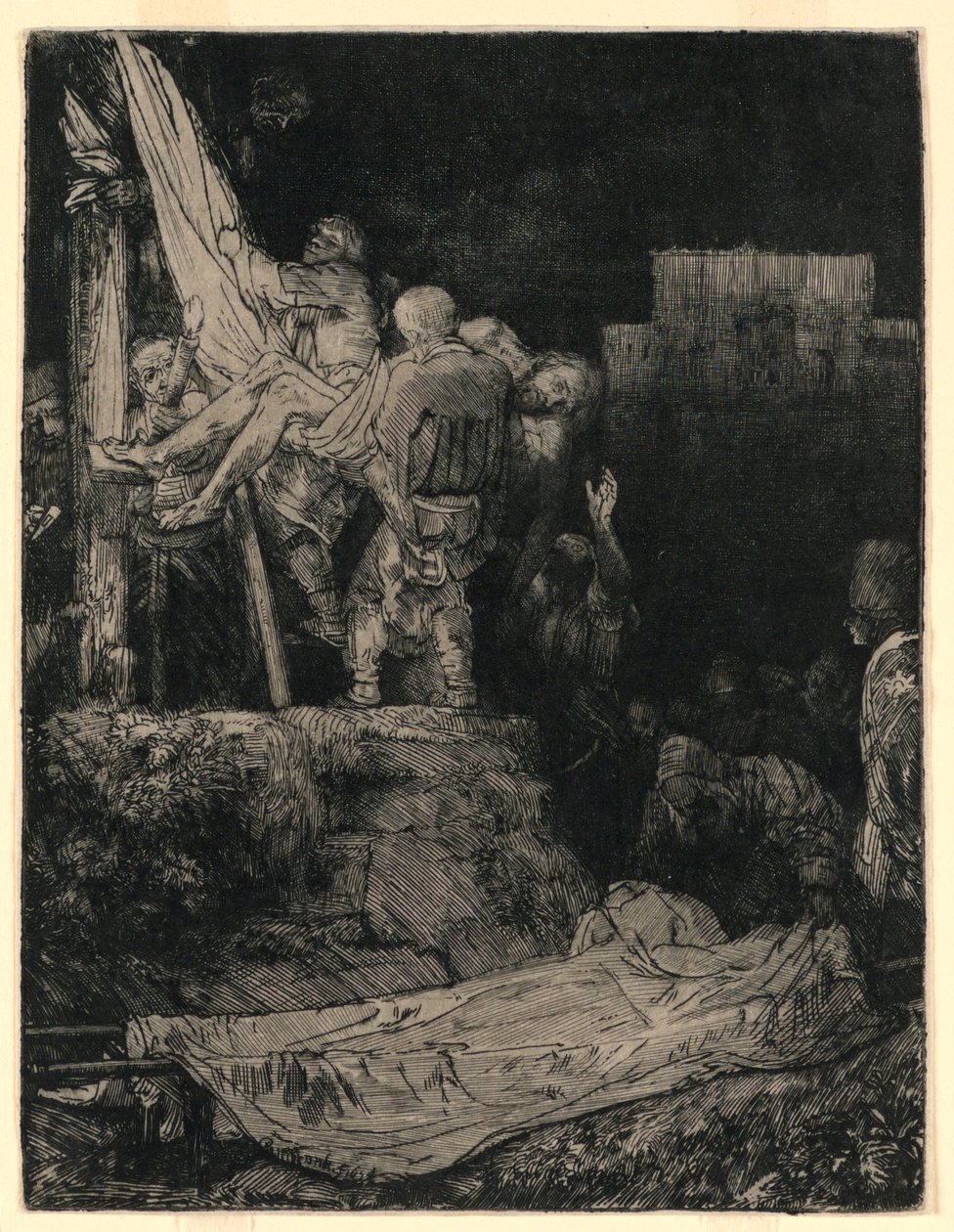 Laskeutuminen ristiltä soihtuvalolla tekijältä Rembrandt van Rijn