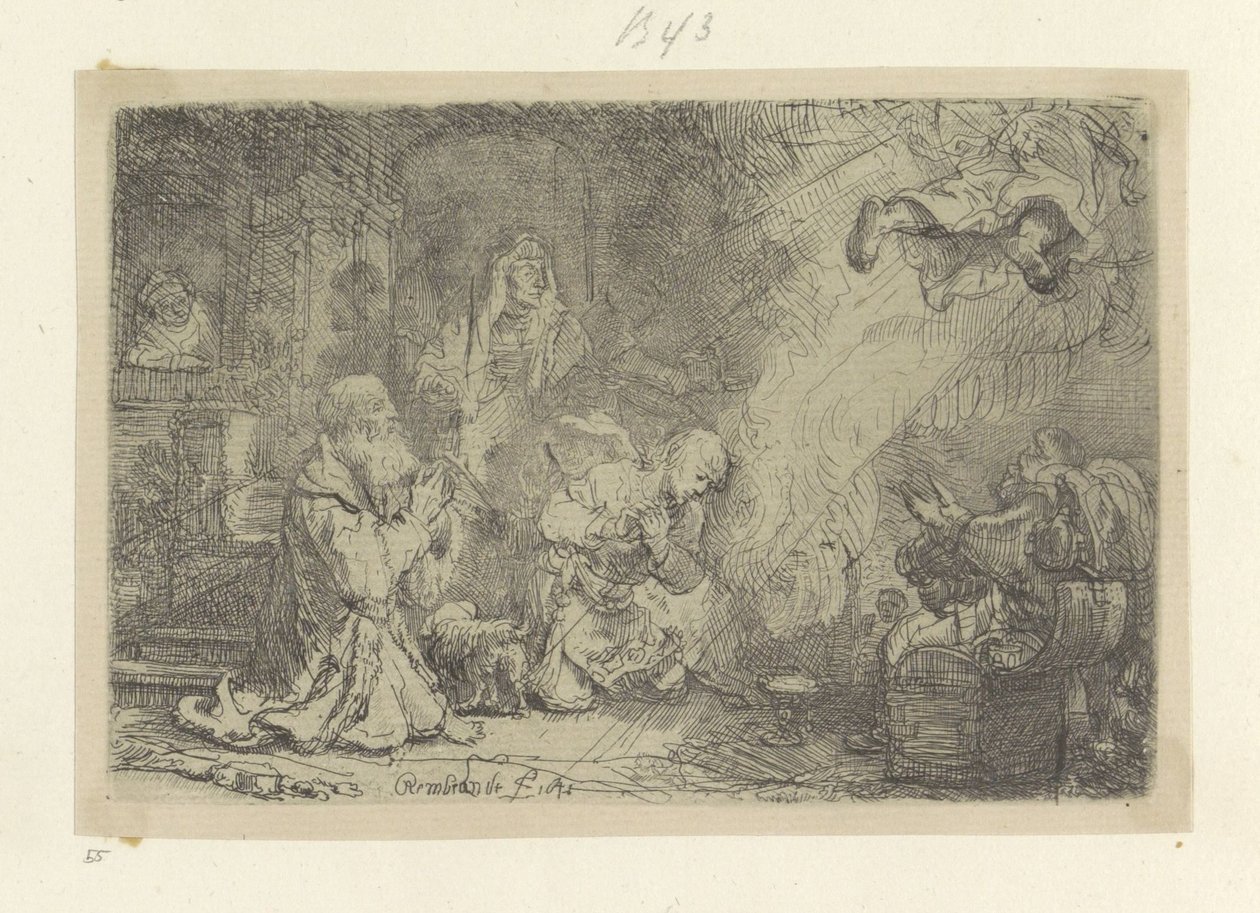 Angel jättää Tobiaksen ja hänen perheensä Recueil de quatre-vingt-cinq estampes originales (sarjan nimi) tekijältä Rembrandt van Rijn