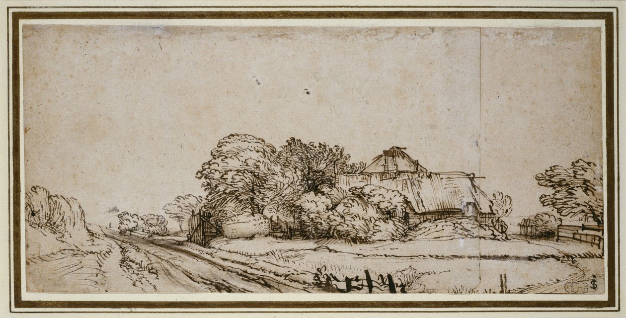 Maatilarakennukset tien varrella (kynä ja ruskea muste ruskealla pesulla) tekijältä Rembrandt van Rijn