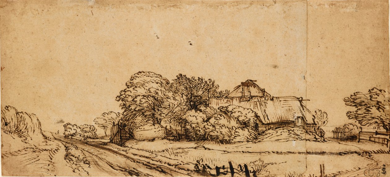 Maatilarakennukset tien varrella, 1600-luvun puoliväli, tekijältä Rembrandt van Rijn