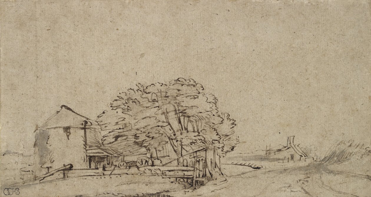 Maatilarakennus tien vieressä ja kaukana oleva maatila, 1650-69 (tussi ja ruskea tussi, harmaa tussi paperille) tekijältä Rembrandt van Rijn