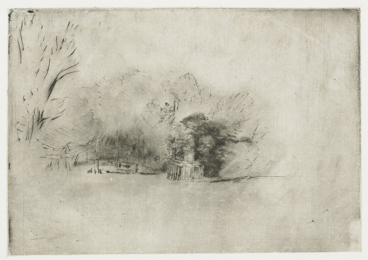 Maalaistalo puiden keskellä Puuryökkä näköalalla tekijältä Rembrandt van Rijn