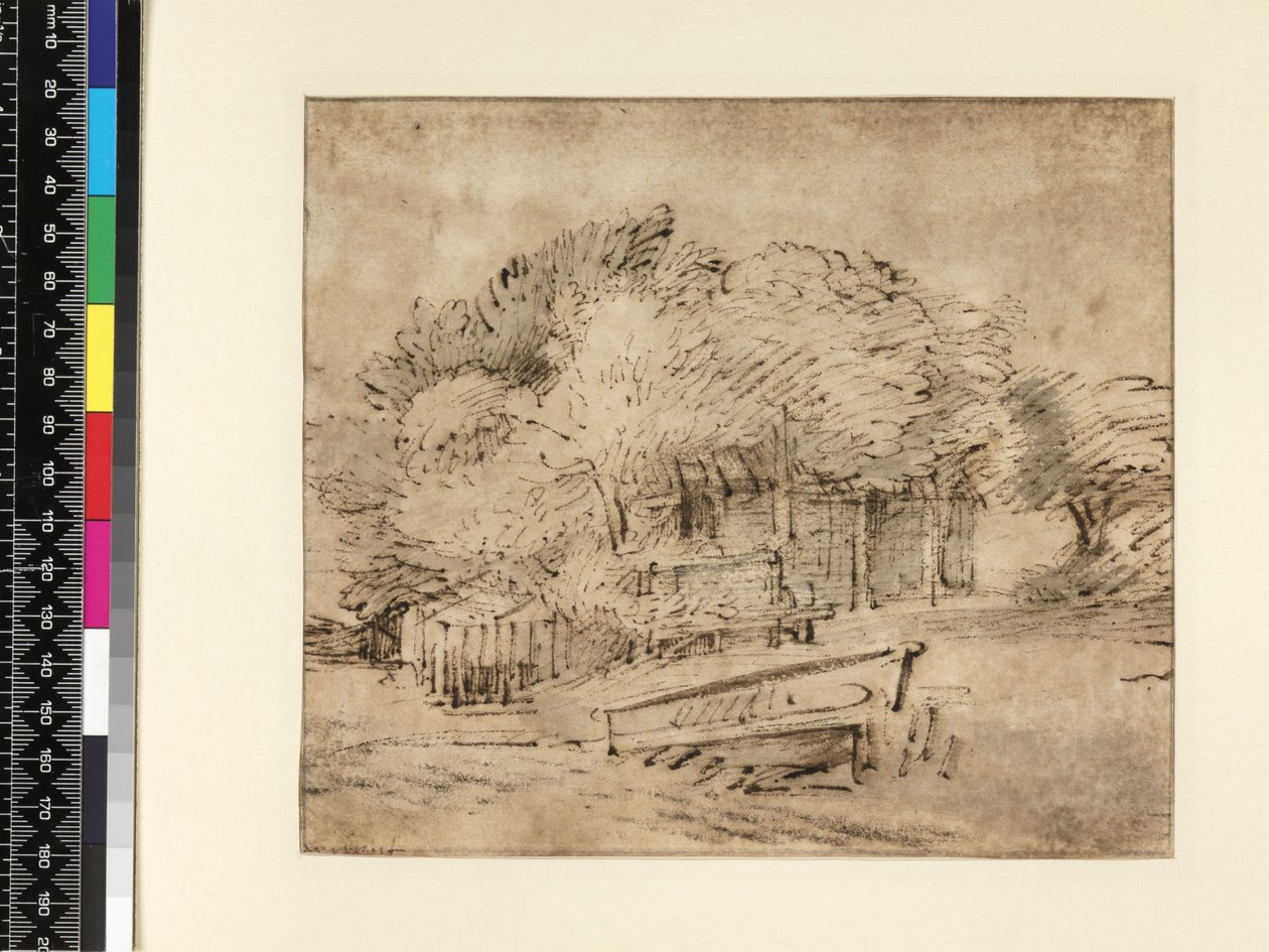 Maalaistalo puiden alla, kävelysillalla, n. 1650 (kynä ja muste pesulla paperille) tekijältä Rembrandt van Rijn