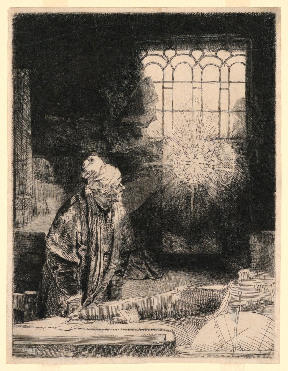 Faust tutkimuksessaan, katsomassa taikalevyä tekijältä Rembrandt van Rijn