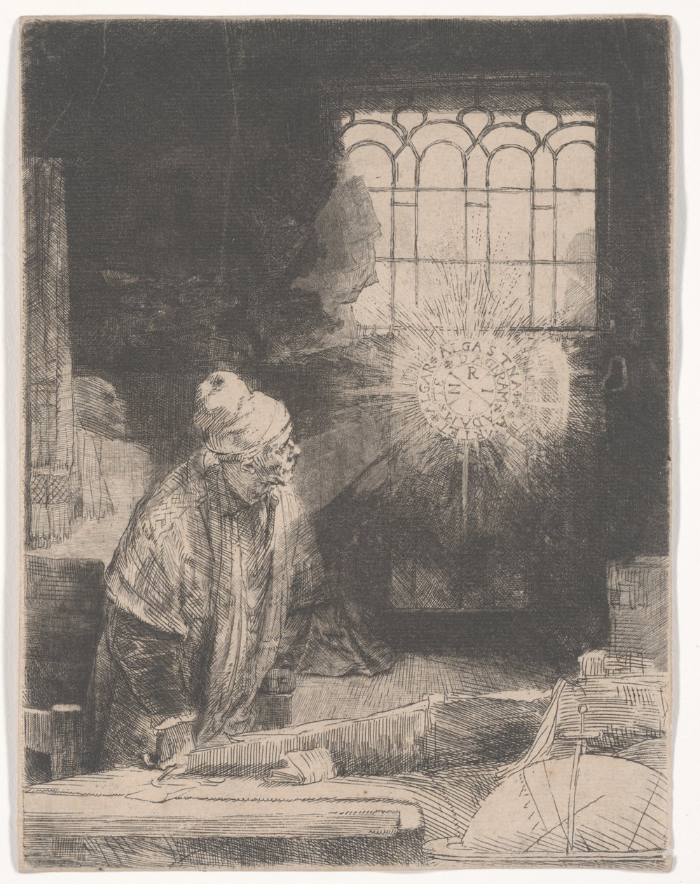 Faust työhuoneessaan katsomassa taikalevyä tai Opettaja työhuoneessaan, n. 1652 tekijältä Rembrandt van Rijn