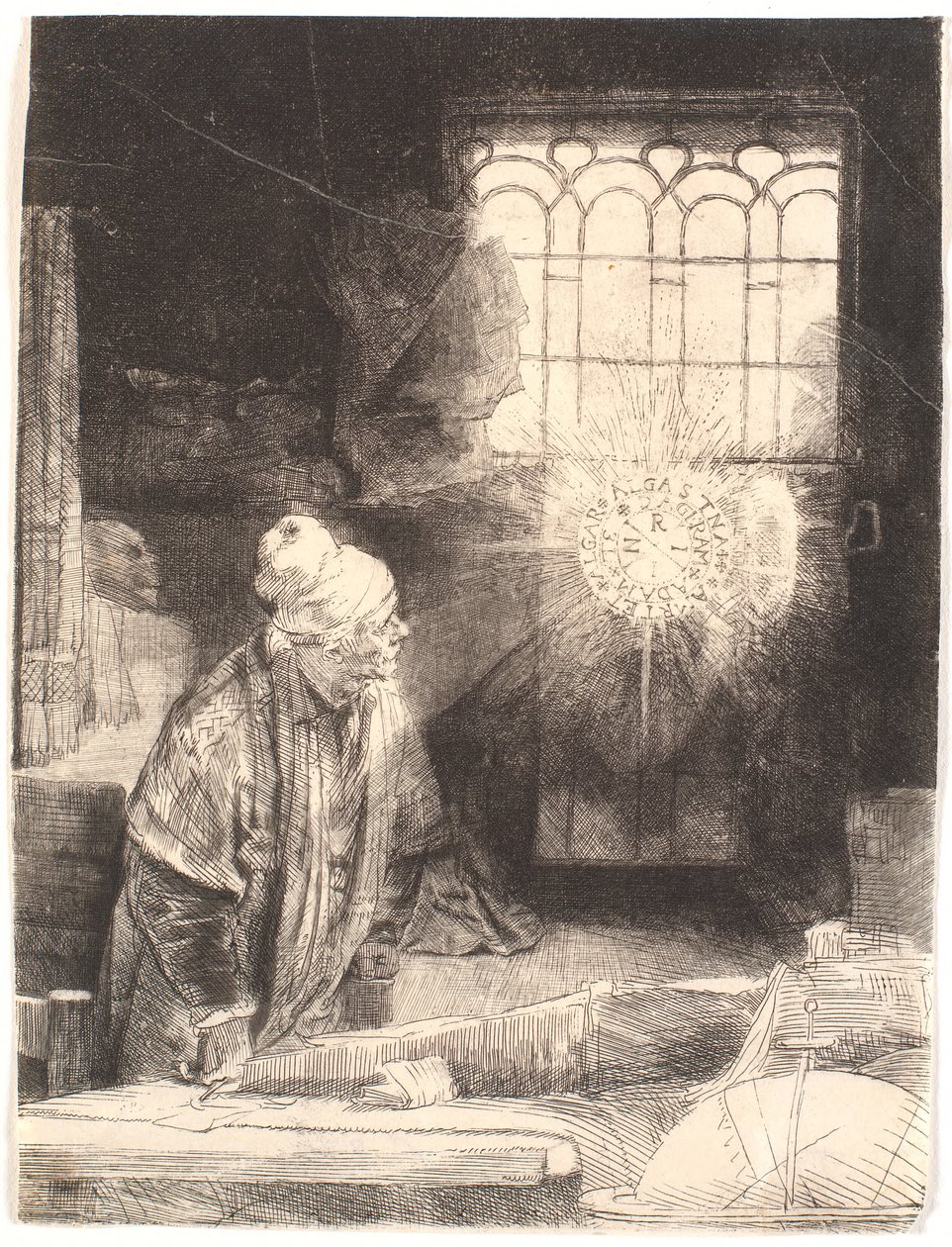 Faust työhuoneessaan katsomassa taikalevyä (Dr. Faustus) tekijältä Rembrandt van Rijn