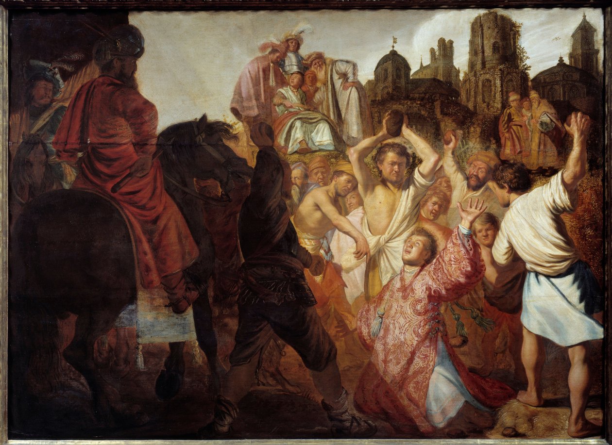 Ensimmäinen kristitty marttyyri: "" Pyhän Stefanoksen kivittäminen"" Harmensz Van Rijn Rembrandtin (1606-1669) maalaus 1625 su. 0,89x1,23 m Lyon, Musee des Beaux Arts tekijältä Rembrandt van Rijn