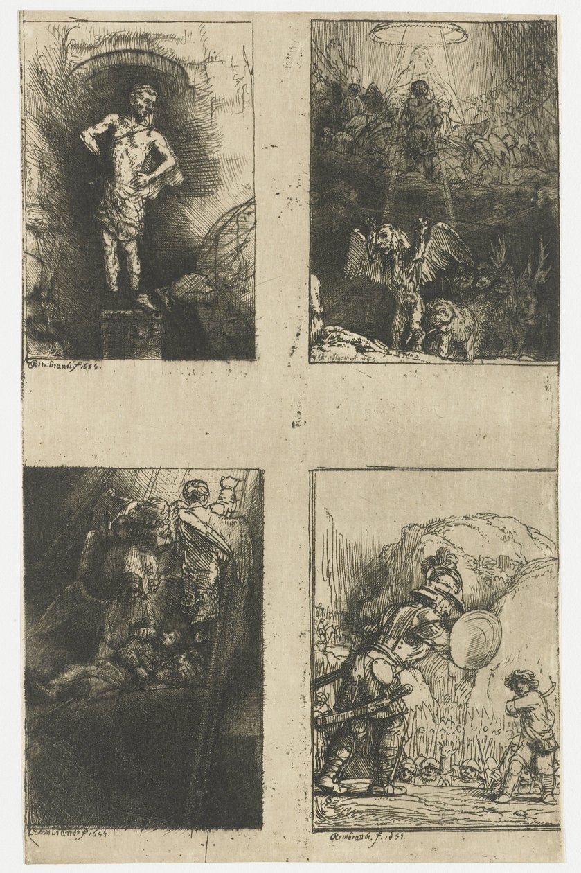Neljä kuvitusta Menasseh Ben Israelin Piedra Gloriosasta Nebukadnessarin näkemä kuva Jaakobin tikkaat Daavid ja Goljat Danielin näky neljästä pedosta tekijältä Rembrandt van Rijn