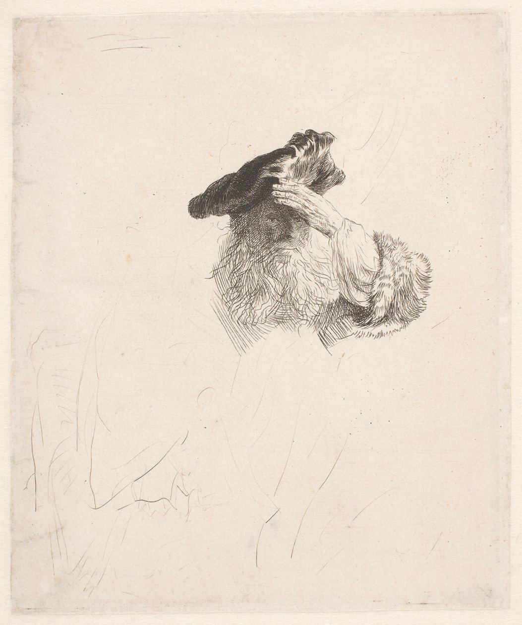Vanha mies varjostaa silmiään kädellä tekijältä Rembrandt van Rijn