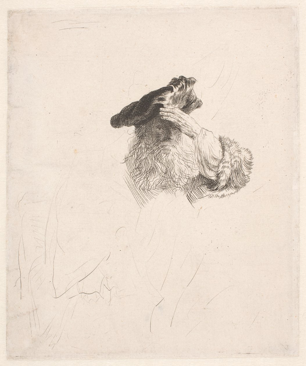 Vanha mies varjostaa silmiään kädellä tekijältä Rembrandt van Rijn