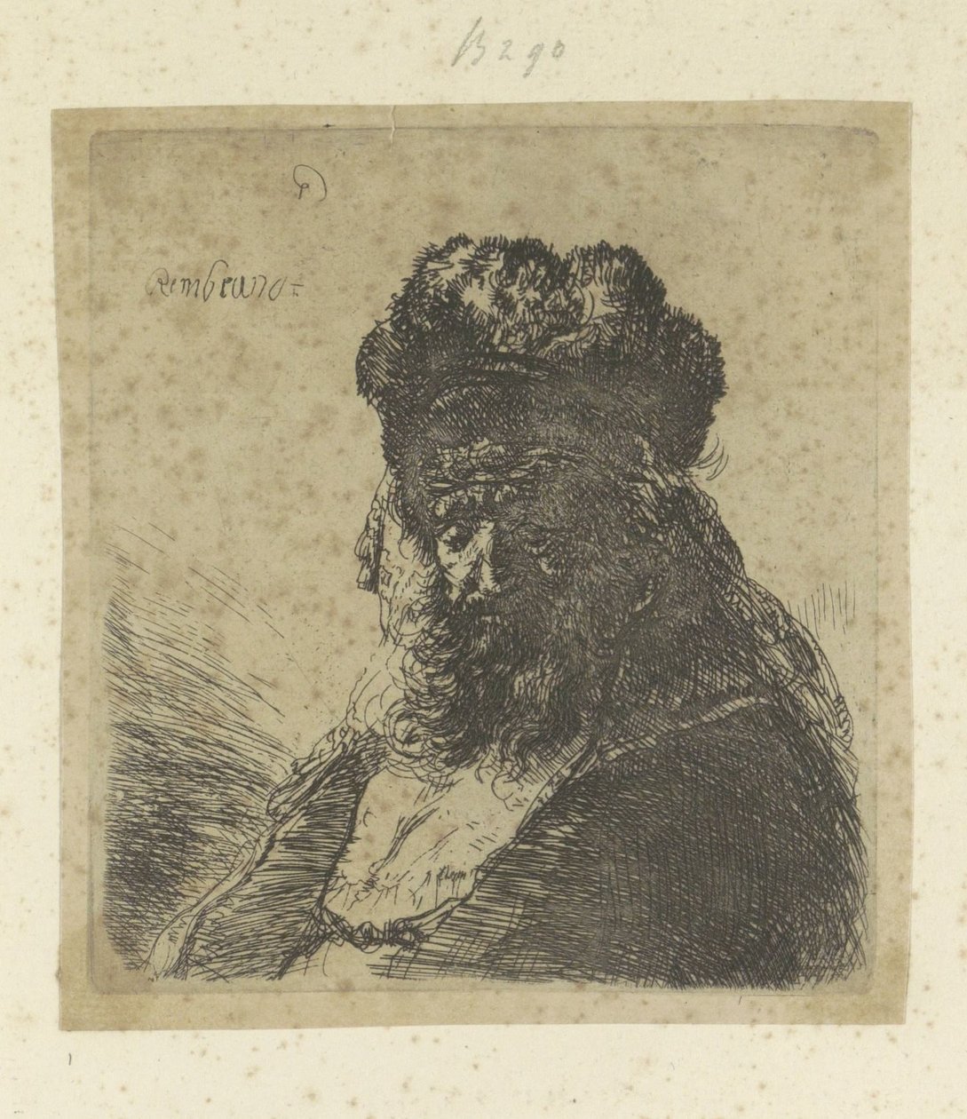 Parrakas vanha mies, jolla on korkea turkishattu ja suljetut silmät Recueil de quatre-vingt-cinq estampes originales (sarjan nimi) tekijältä Rembrandt van Rijn