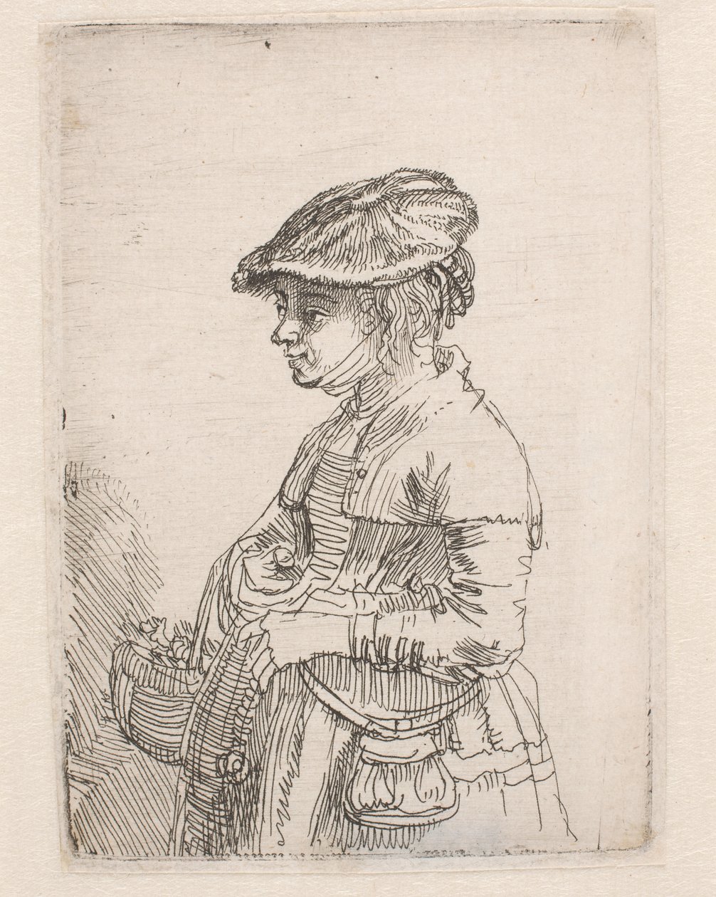 Tyttö, jolla on kori tekijältä Rembrandt van Rijn