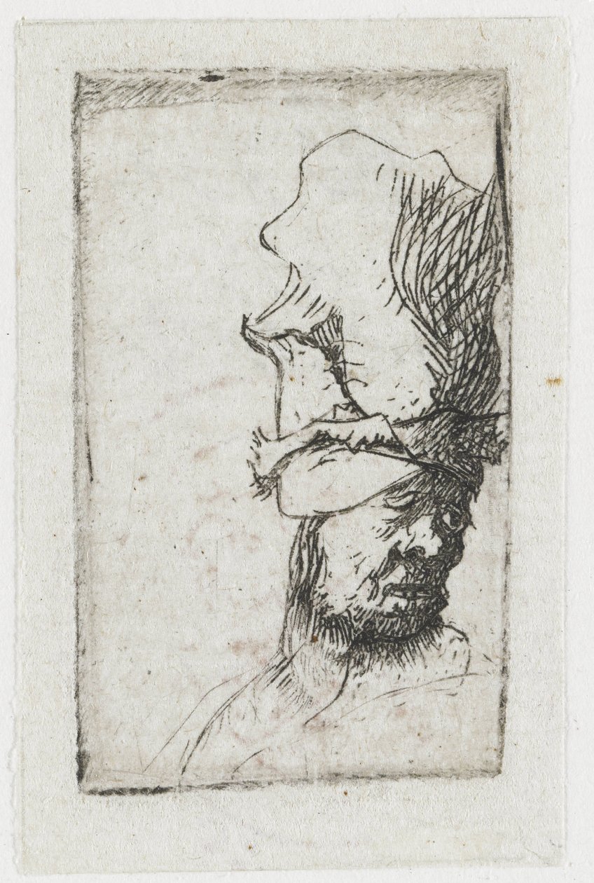 Korkean lippalakin päähän pukeutuneen miehen pää tekijältä Rembrandt van Rijn