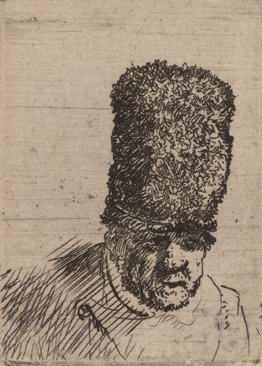 Vanhan miehen pää korkeassa turkislakissa. tekijältä Rembrandt van Rijn