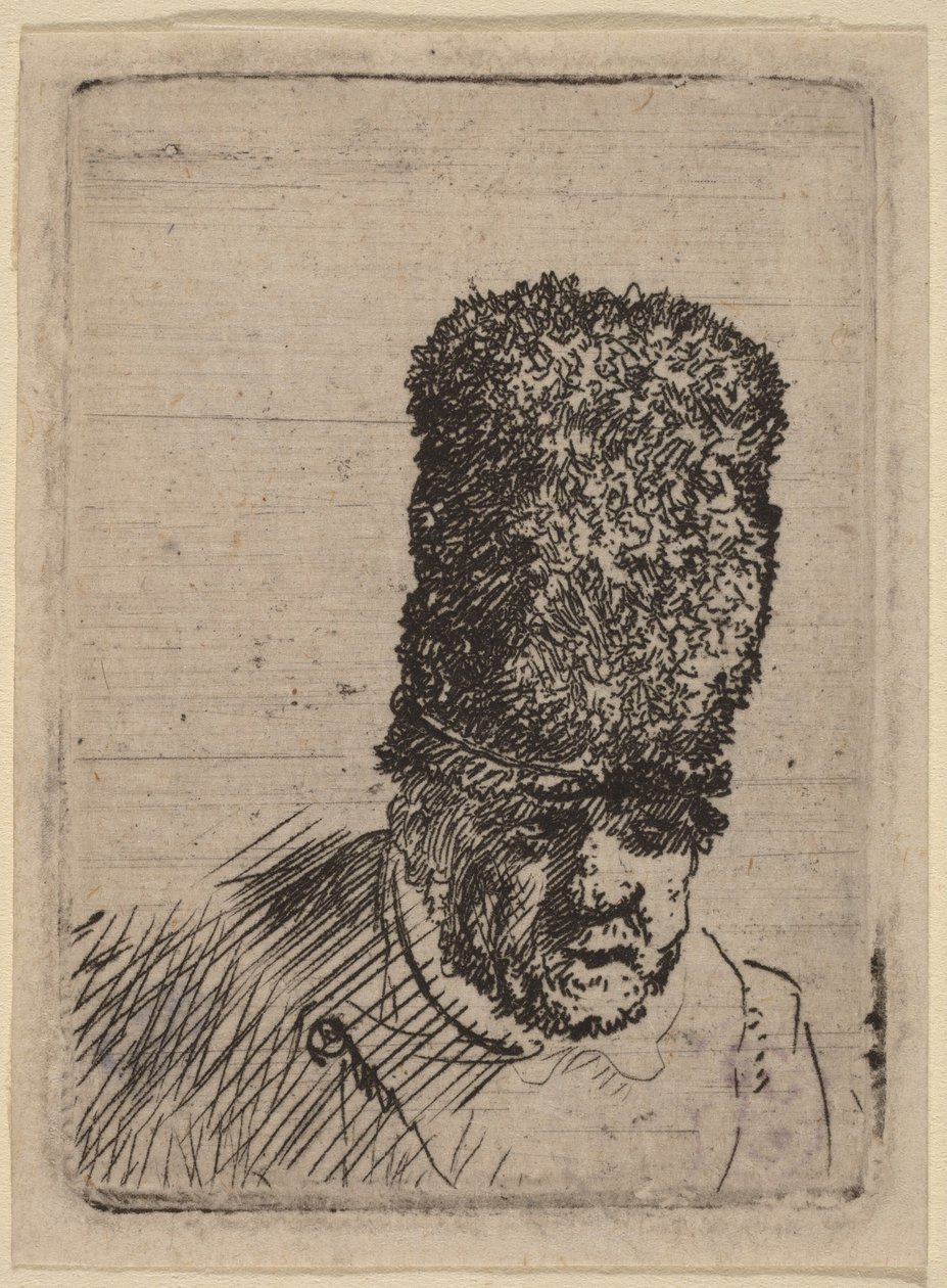 Vanhan miehen pää, jolla on korkea turkislakki tekijältä Rembrandt van Rijn