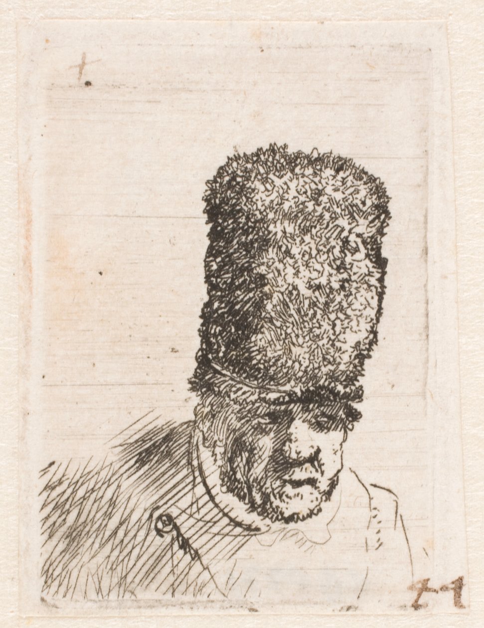 Vanhan miehen pää korkeassa turkislakissa tekijältä Rembrandt van Rijn